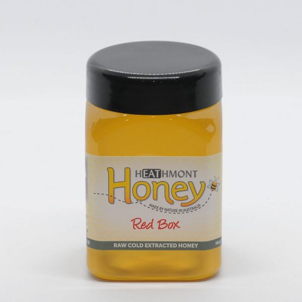 Medium sized plastic jar of Red Box honey