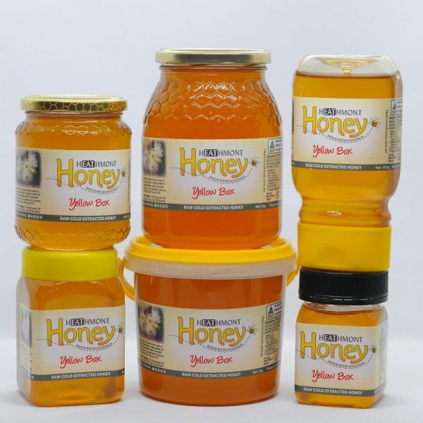 Six jar combo, glass and plastic filled with Yellow Box honey